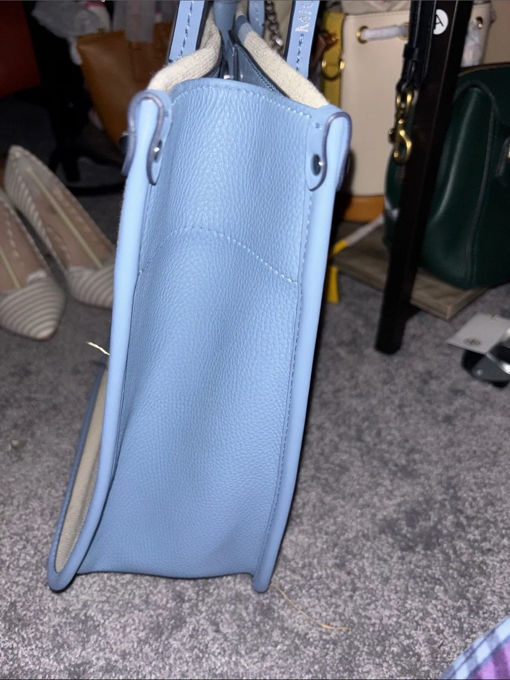 Michael Kors Beige Canvas Messenger Bag with Blue Stripes